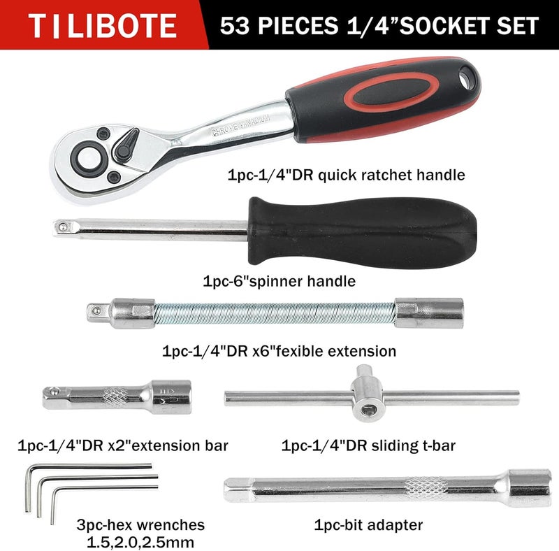 TILIBOTE مجموعة مفاتيح ربط، 53 قطعة 1/4 بوصة مجموعة مفاتيح ربط قابلة للتعديل وقضيب تمديد، مجموعة لإصلاح السيارات والاستخدام المنزلي. - Image 4